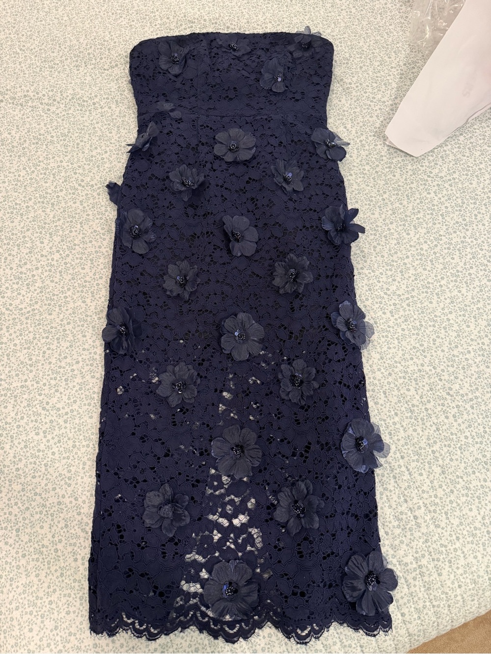 Milly Strapless Navy Floral Lace Midi Dress